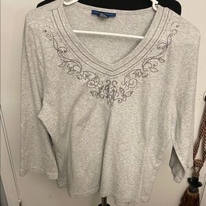 Karen Scott Light Gray Long Sleeve V-Neck Top with Embellished Neckline
